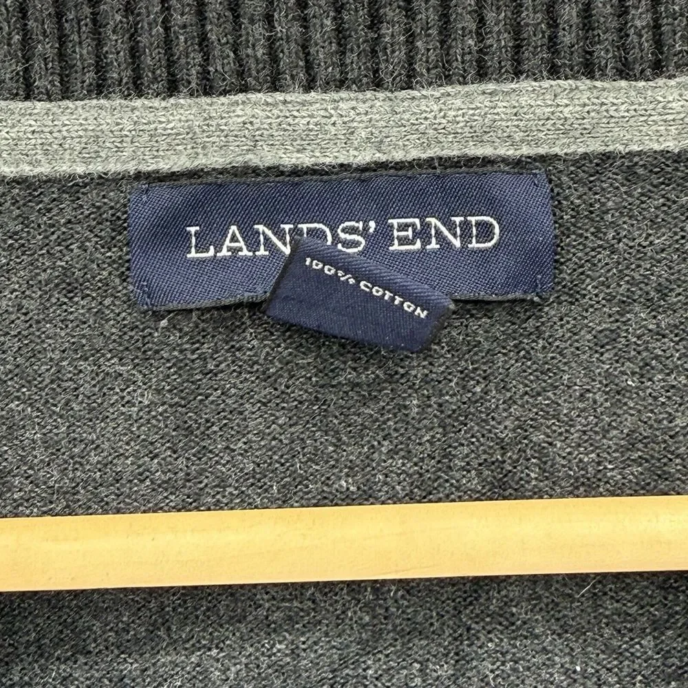 Lands End Sweater Mens L Gray‎ 100% Cotton Pullover V-Neck Casual Long Sleeve